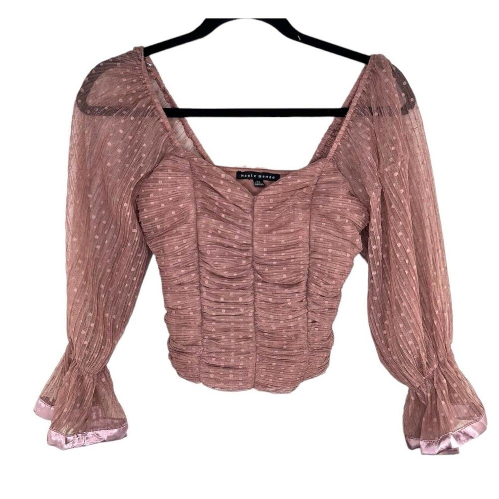 Women’s Ruched Sweetheart Top Sheer Swiss Dot Puff Long Sleeves Sz XS Muted Pink